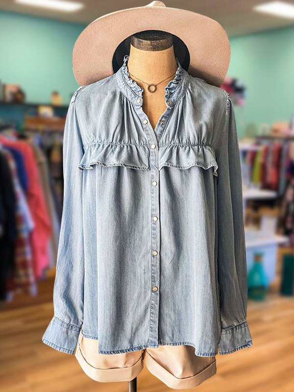 Casual Retro Ruffle Light Denim Shirt