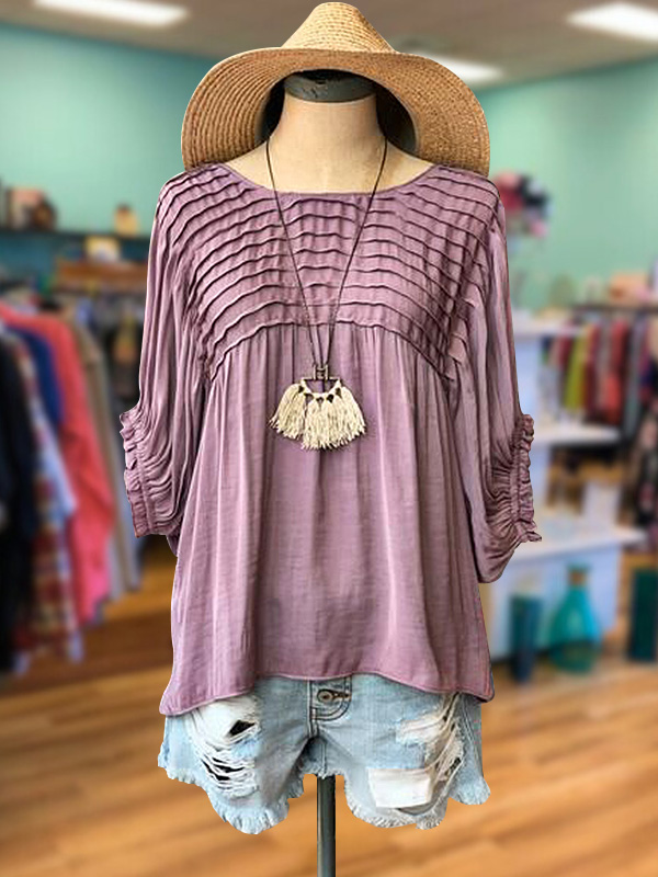 Retro Casual Pleated Crew Neck Top
