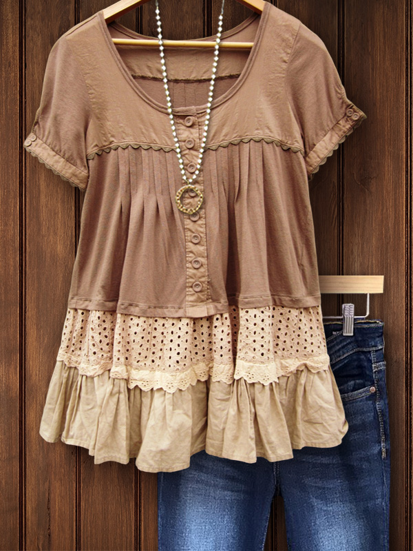 Casual Stitching Ruffled Round Neck Short-Sleeved Top