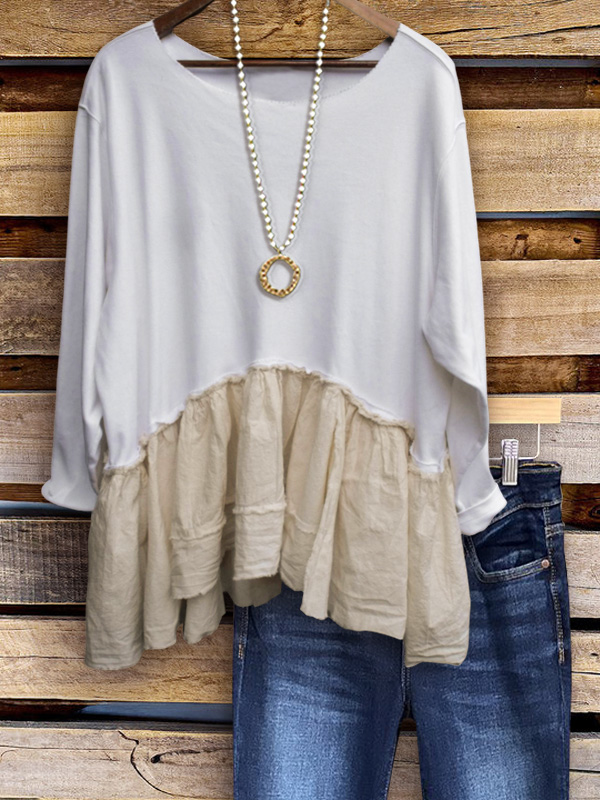 Casual Ruffled Paneled Crew Neck Top