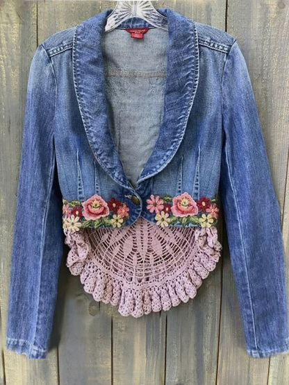 Vintage Lace Patchwork Floral Embroidery Denim Jacket