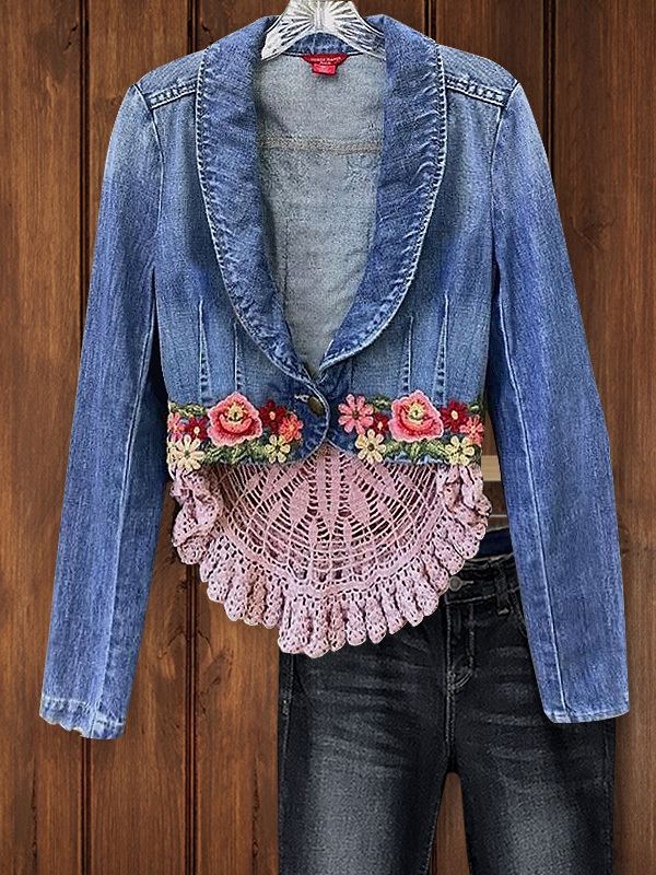Vintage Lace Patchwork Floral Embroidery Denim Jacket