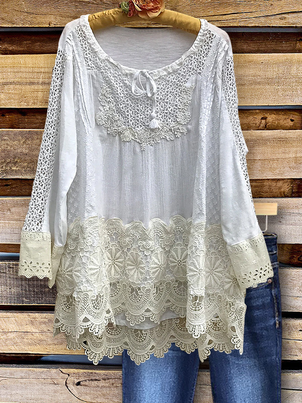 Women's top | Elegant Casual Lace Panel Crew Neck Top |Website-shopcharmingrose