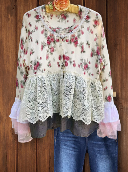 Retro Casual Floral Stitching Lace Top