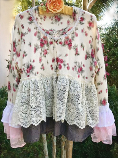 Retro Casual Floral Stitching Lace Top