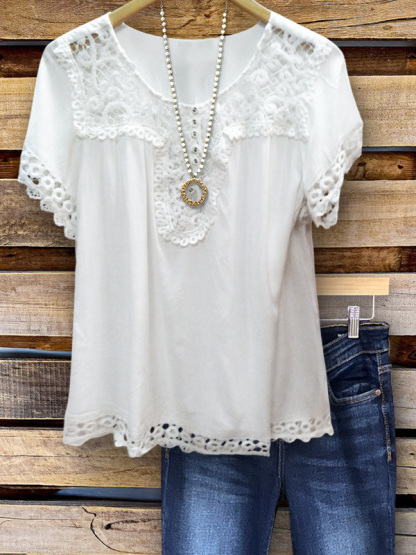 Casual Lace Trim Short Sleeve Top
