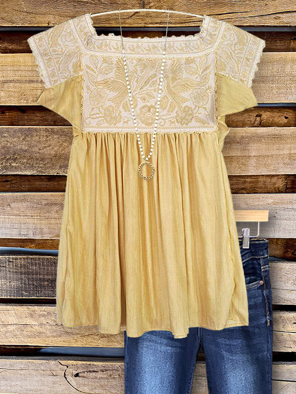 Women's top | Retro Bohemian Pleated Short Sleeve Top |Website-shopcharmingrose