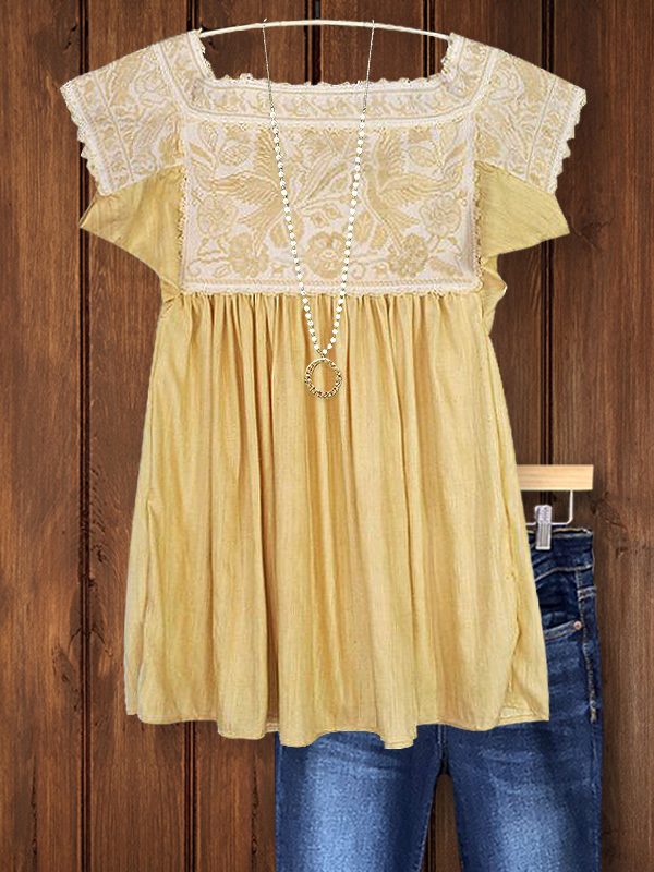 Retro Bohemian Pleated Short Sleeve Top