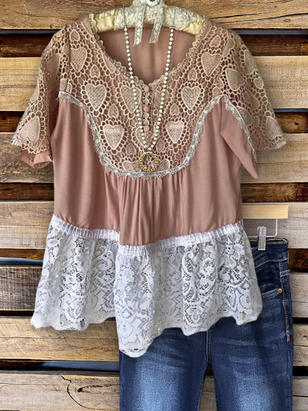 Women's top | Retro Casual Heart Lace Stitching Short-Sleeved Top |Website-shopcharmingrose