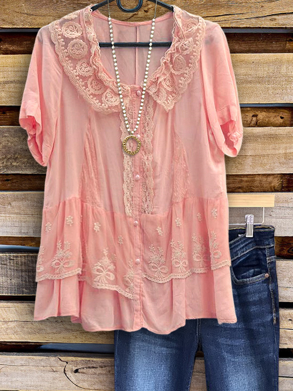 Women's top | Casual Lace Patchwork Ruffled Top |Website-shopcharmingrose