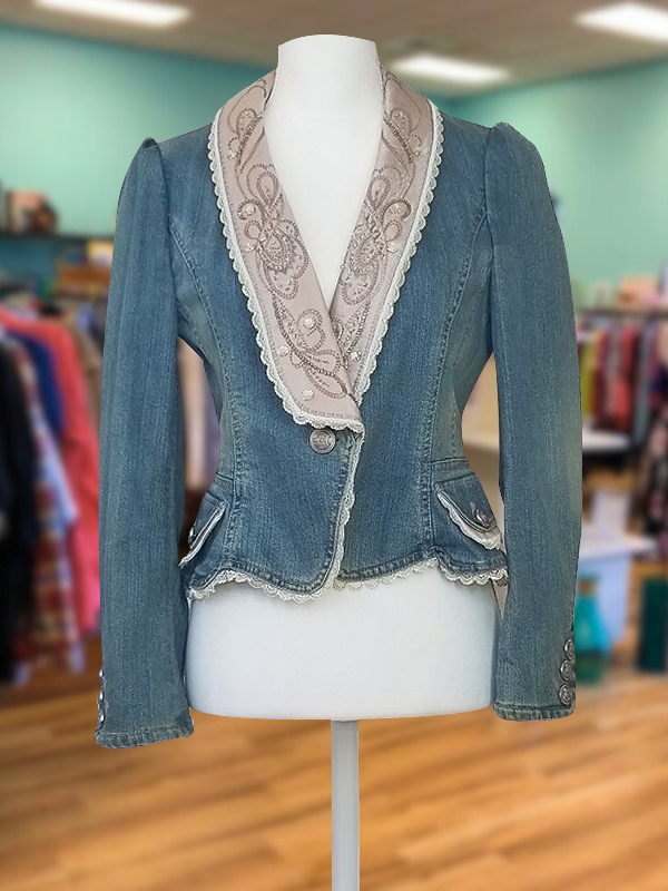 Women's top | Vintage Lace Embroidery Waist Denim Top |Website-shopcharmingrose