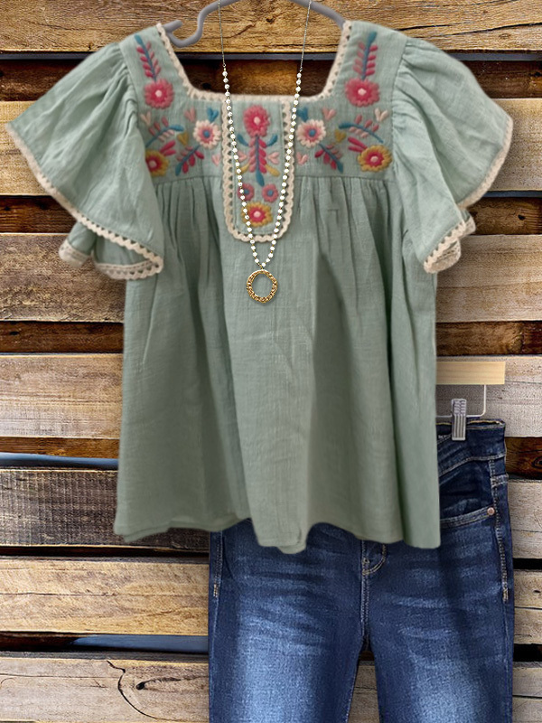 Women's top | Casual Floral Embroidered Ruffle Top |Website-shopcharmingrose