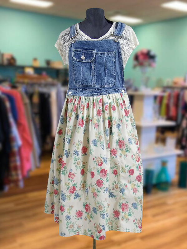 Women's dress | Casual Retro Print Patchwork Denim Overalls Dress |Website-shopcharmingrose