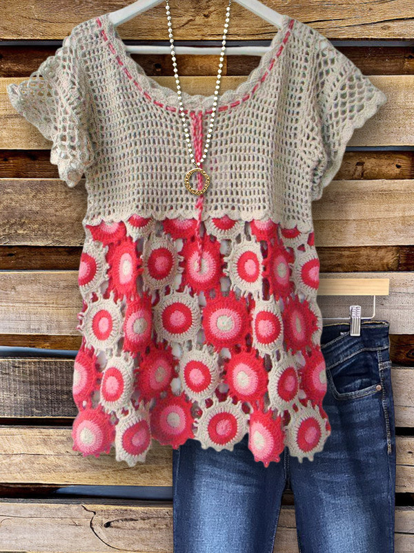 Women's top | Vintage Casual Crochet Short Sleeve Top |Website-shopcharmingrose