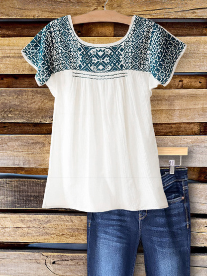 Casual Retro Print Patchwork Short-Sleeved Top