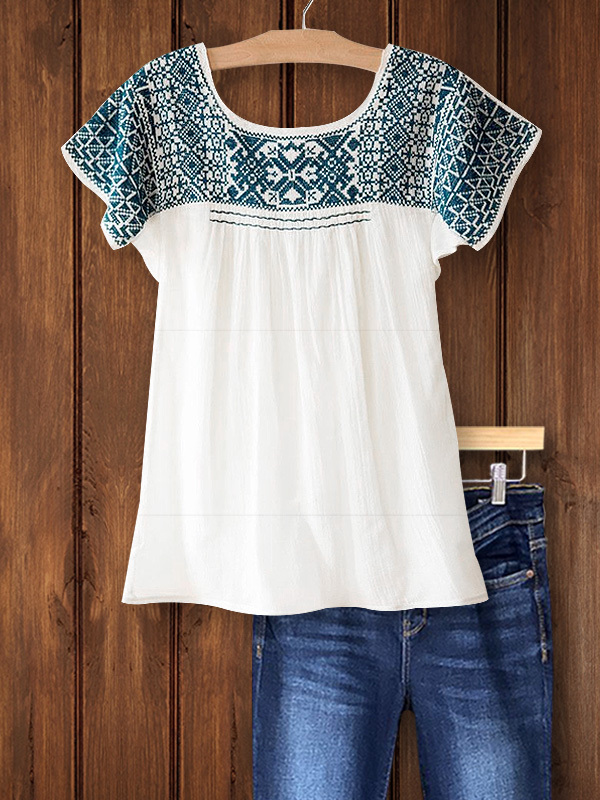 Casual Retro Print Patchwork Short-Sleeved Top