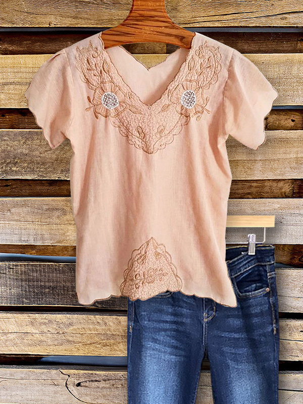 Women's top | Casual Retro Embroidered Short Sleeve Top |Website-shopcharmingrose