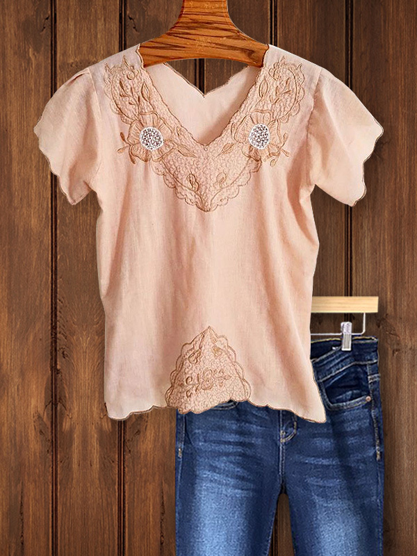 Casual Retro Embroidered Short Sleeve Top