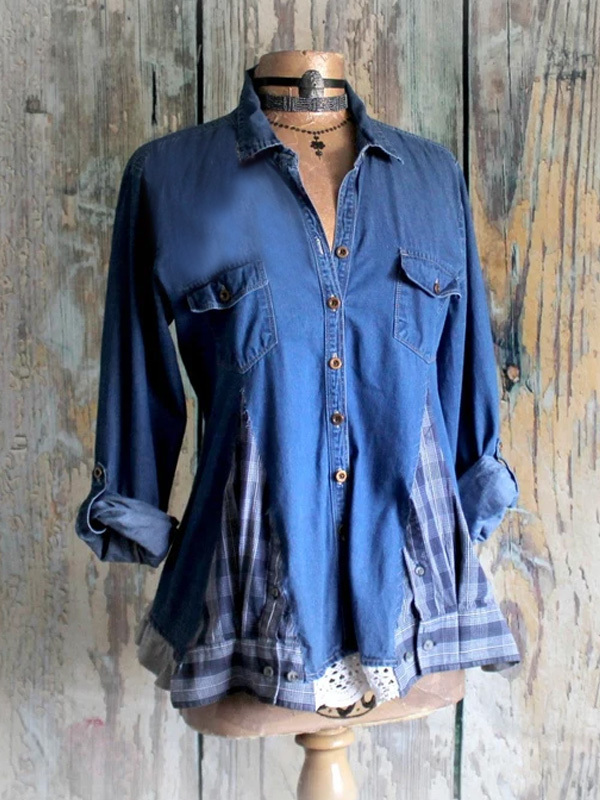 Women's top | Vintage Check Patchwork Denim Double Pocket Top |Website-shopcharmingrose