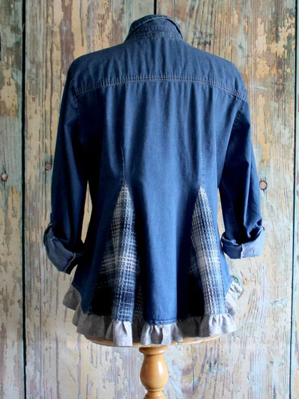 Vintage Check Patchwork Denim Double Pocket Top