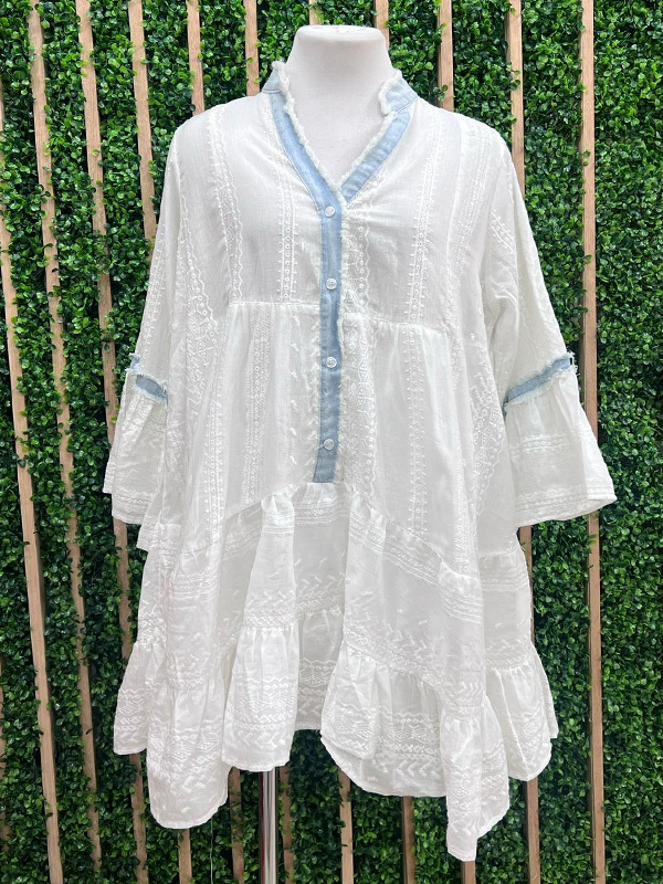 Women's top | Denim Trim White Floral Embroidered Tiered Short Dress |Website-shopcharmingrose