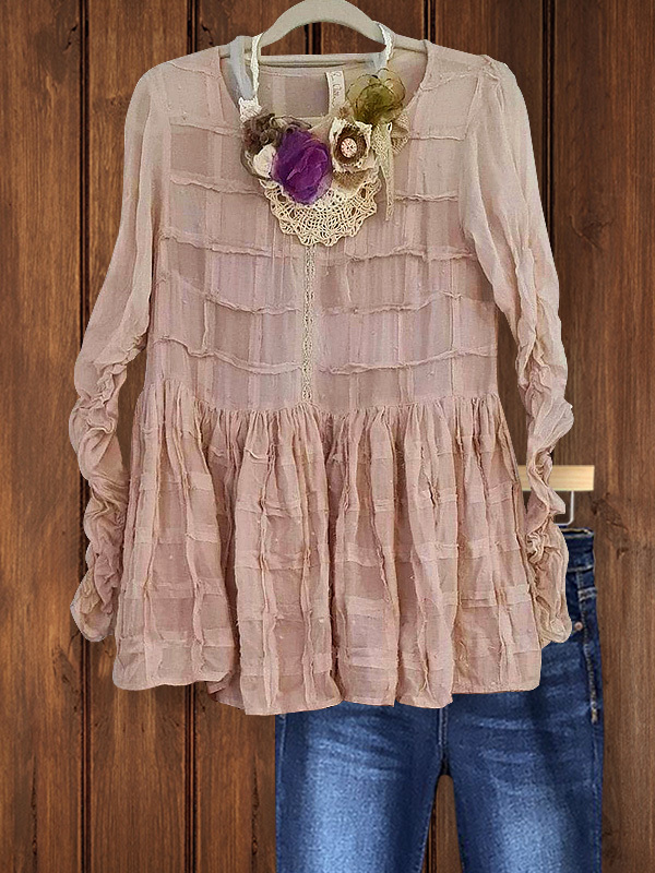 Retro Casual Ruffle Patchwork Top