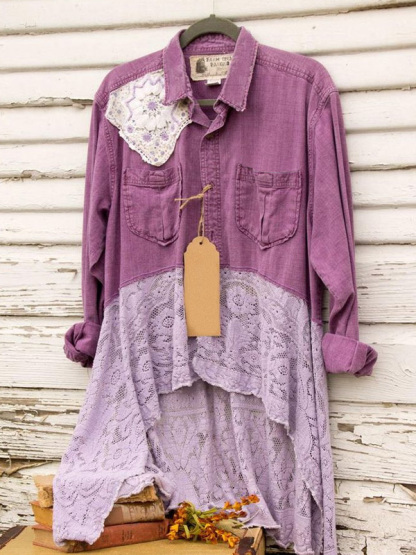 Retro Casual Lace Patchwork Double Pocket Top
