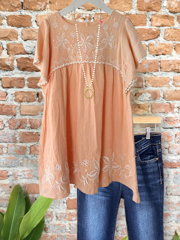 Vintage Casual Floral Embroidered Short-Sleeved Top