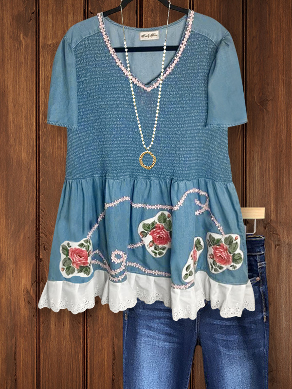 Women's top | Retro Casual Floral Print Ruffled Patchwork Top |Website-shopcharmingrose
