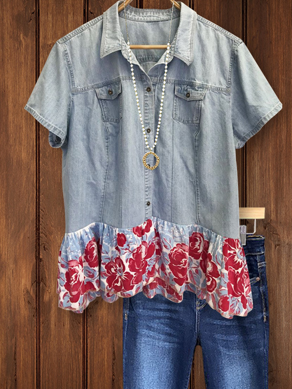 Women's top | Casual Floral Print Denim Top |Website-shopcharmingrose