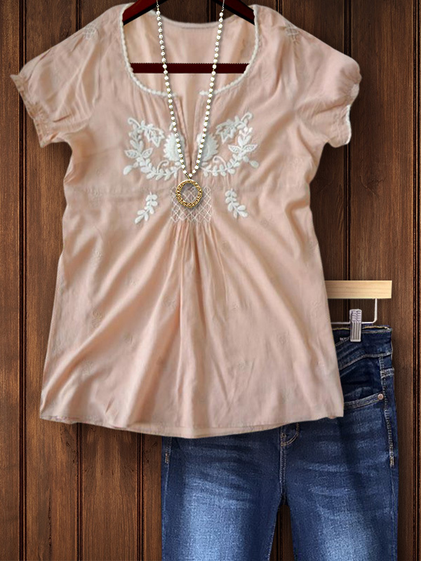 Women's top | Casual Embroidered Pleated Short Sleeve Top |Website-shopcharmingrose