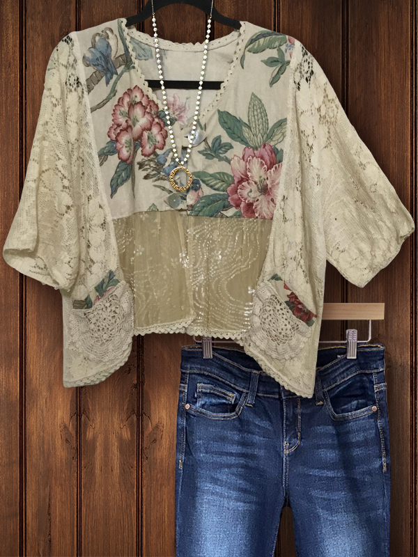 Women's top | Retro Casual Floral Patchwork Lace Top |Website-shopcharmingrose