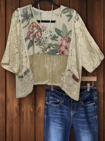 Retro Casual Floral Patchwork Lace Top