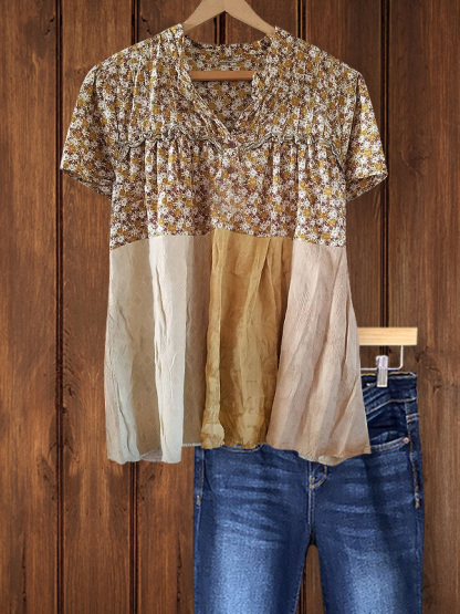 Retro Casual Floral Patchwork Short-Sleeved Top