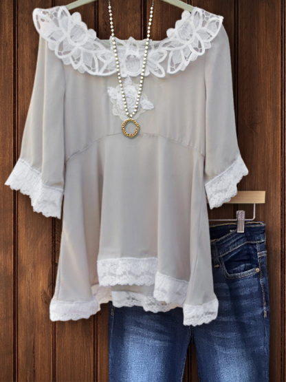 Retro Elegant Lace Trim Ruffle Top