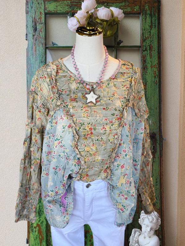 Casual Retro Floral Patchwork Top