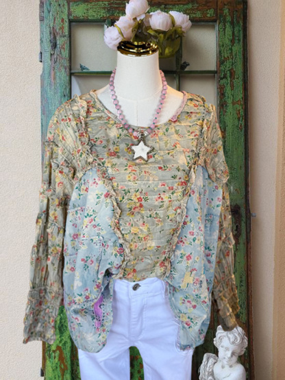 Casual Retro Floral Patchwork Top