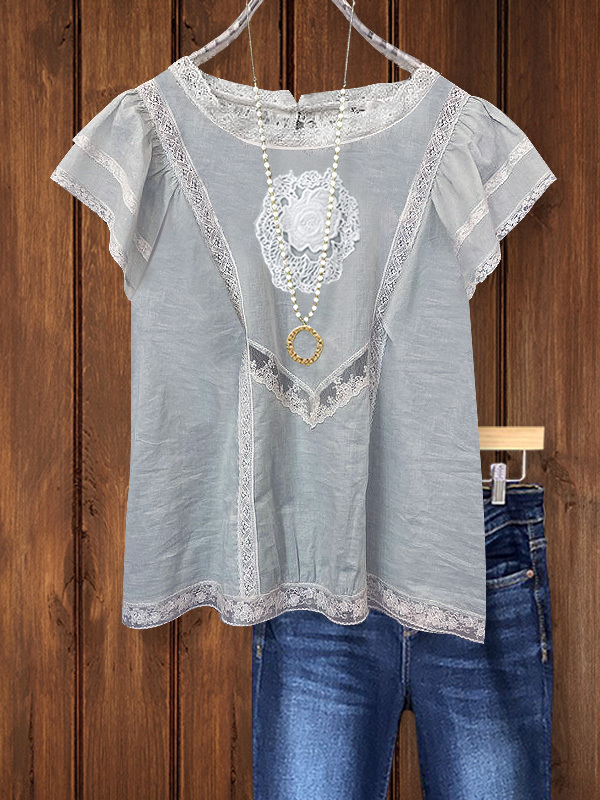 Women's top | Casual Lace Panel Short Sleeve Top |Website-shopcharmingrose