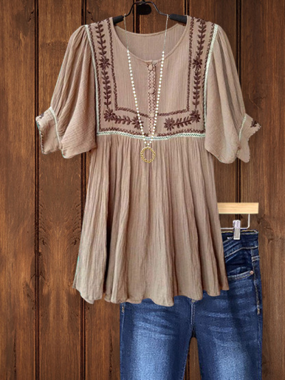 Retro Casual Embroidery Patchwork Top