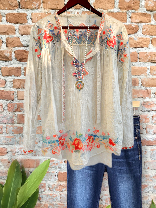 Casual Vintage Floral Embroidered Top