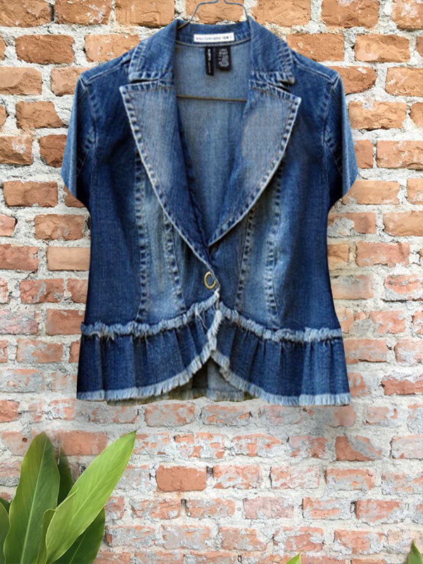 Women's top | Casual Ruffle Stitching Denim Short-Sleeved Top |Website-shopcharmingrose