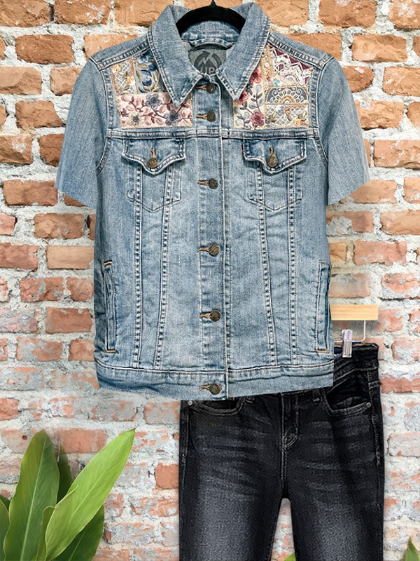 Women's top | Casual Retro Denim Embroidered Short Sleeve Top |Website-shopcharmingrose