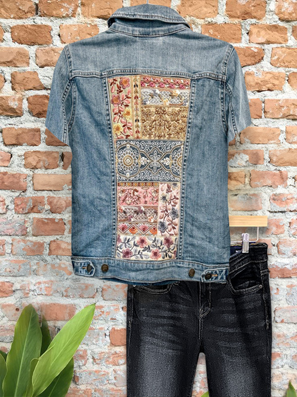 Casual Retro Denim Embroidered Short Sleeve Top