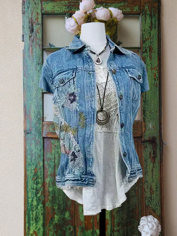 Women's top | Vintage Denim Floral Embroidery Short Sleeve Top |Website-shopcharmingrose