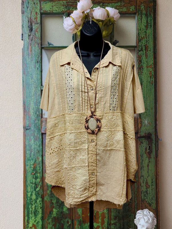 Women's top | Casual Retro Lapel Jacquard Short Sleeve Top |Website-shopcharmingrose