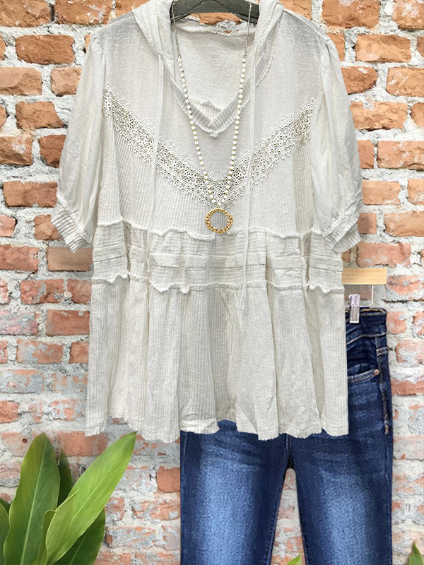 Women's top | Casual Ruffled Lace Panel Short-Sleeved Top |Website-shopcharmingrose