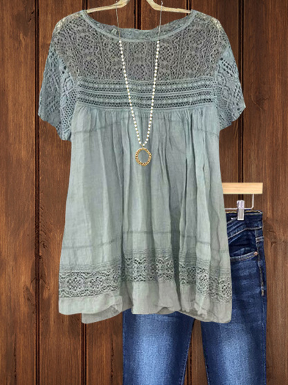 Elegant Retro Lace Panel Short Sleeve Top