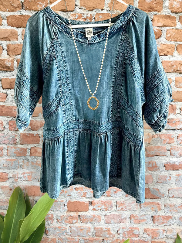 Women's top | Vintage Embroidered Ruffled Patchwork Denim Top |Website-shopcharmingrose
