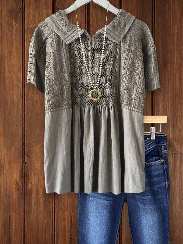 Women's top | Retro Lapel Jacquard Patchwork Short-Sleeved Top |Website-shopcharmingrose