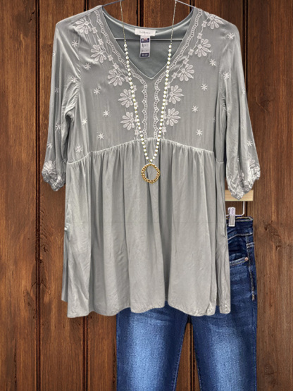 Casual Floral Embossed Patchwork Short-Sleeved Top
